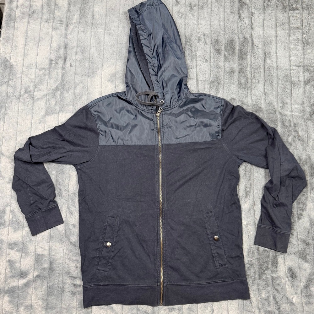 Banana Republic Mens Navy Blue Mixed Media Full Zip Hoodie Woven Trim Large